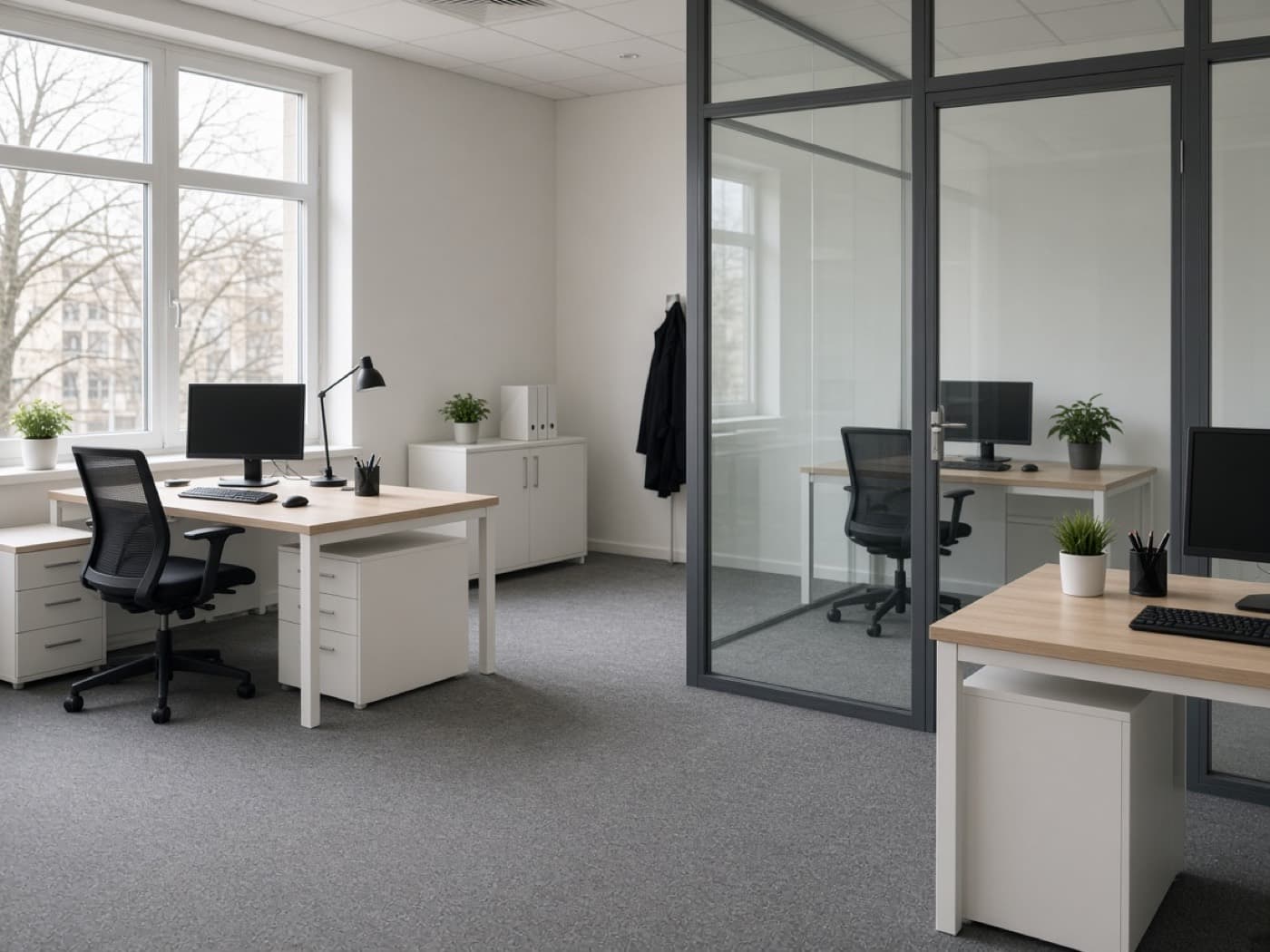 Leeres Büro mit Schreibtischen, Teppich und Glaswand nach der Reinigung.