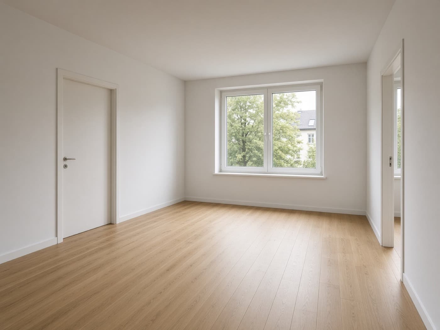 Leerer Neubau mit weißen Wänden, neuer Tür und hellem Boden nach der Bauendreinigung.